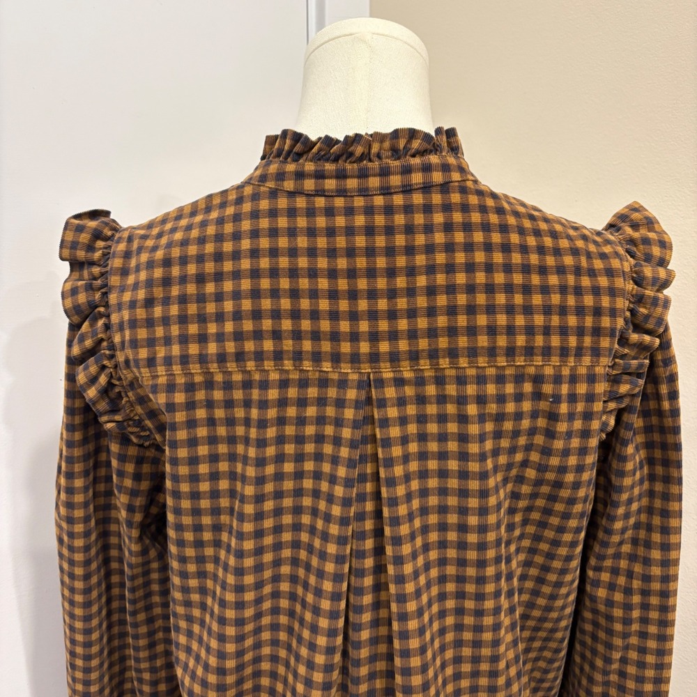 Garnet Hill Daphne Corduroy Dress Brown Check Plaid Gingham Ruffle Mock Neck M - Picture 8 of 11